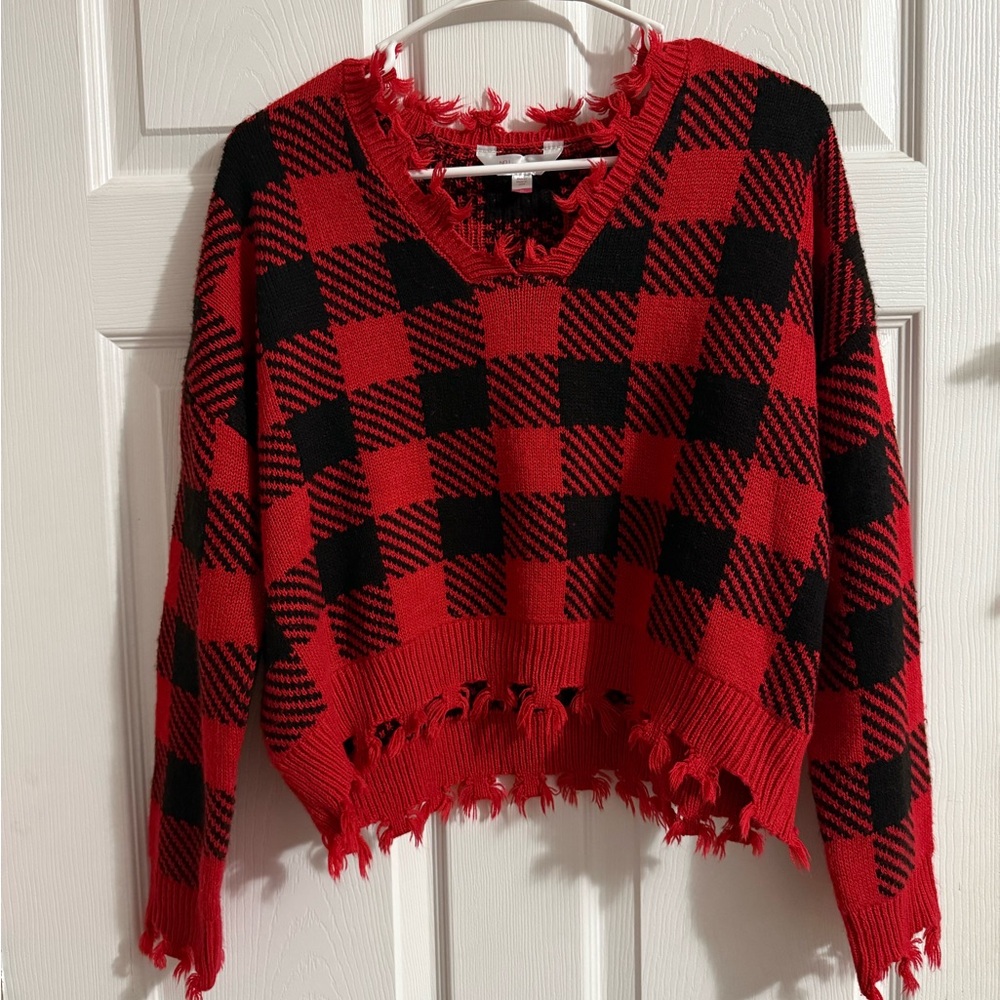 Red and Black Plaid Distressed Sweater